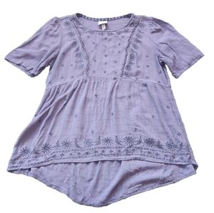 Knox Rose Womens Top Size XL Purple Short Sleeve Embroidered Bohemian Blouse